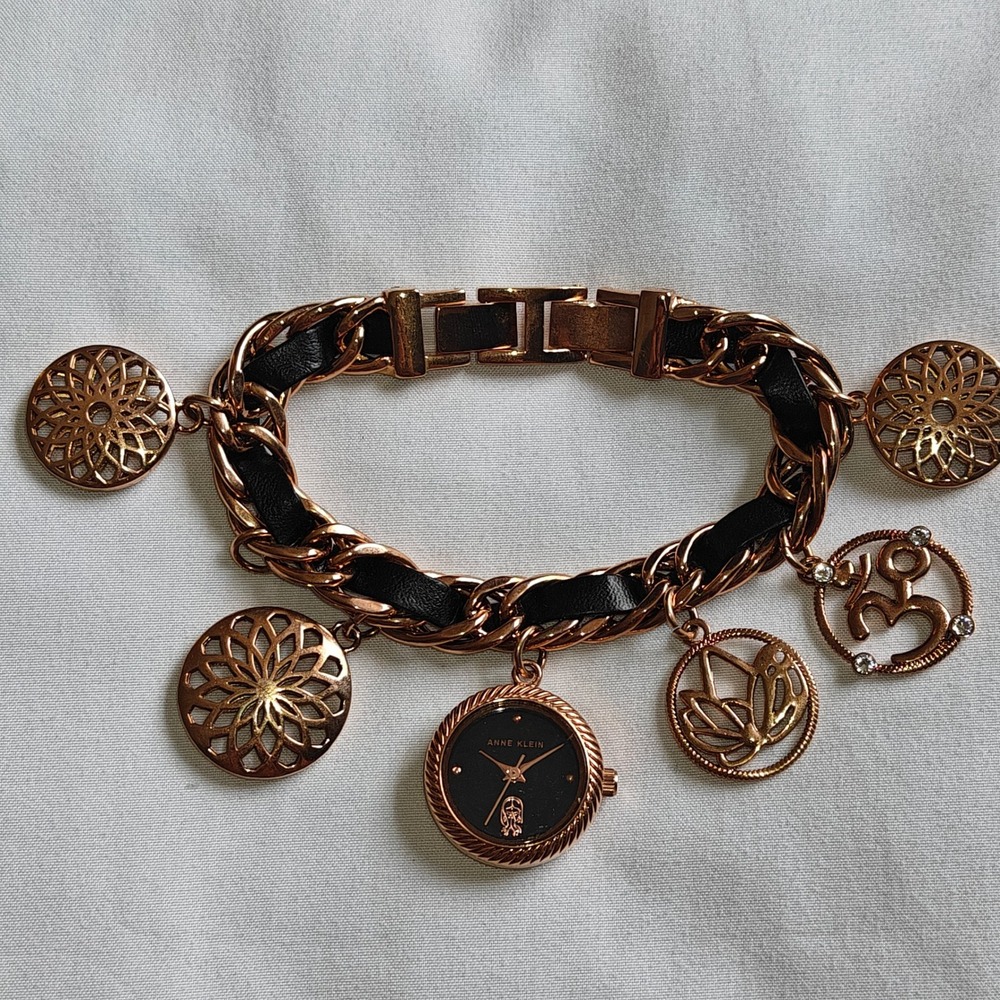 Anne Klein Gold Tone Black Charm Bracelet Leather Chain Watch Om Lotus Chunky